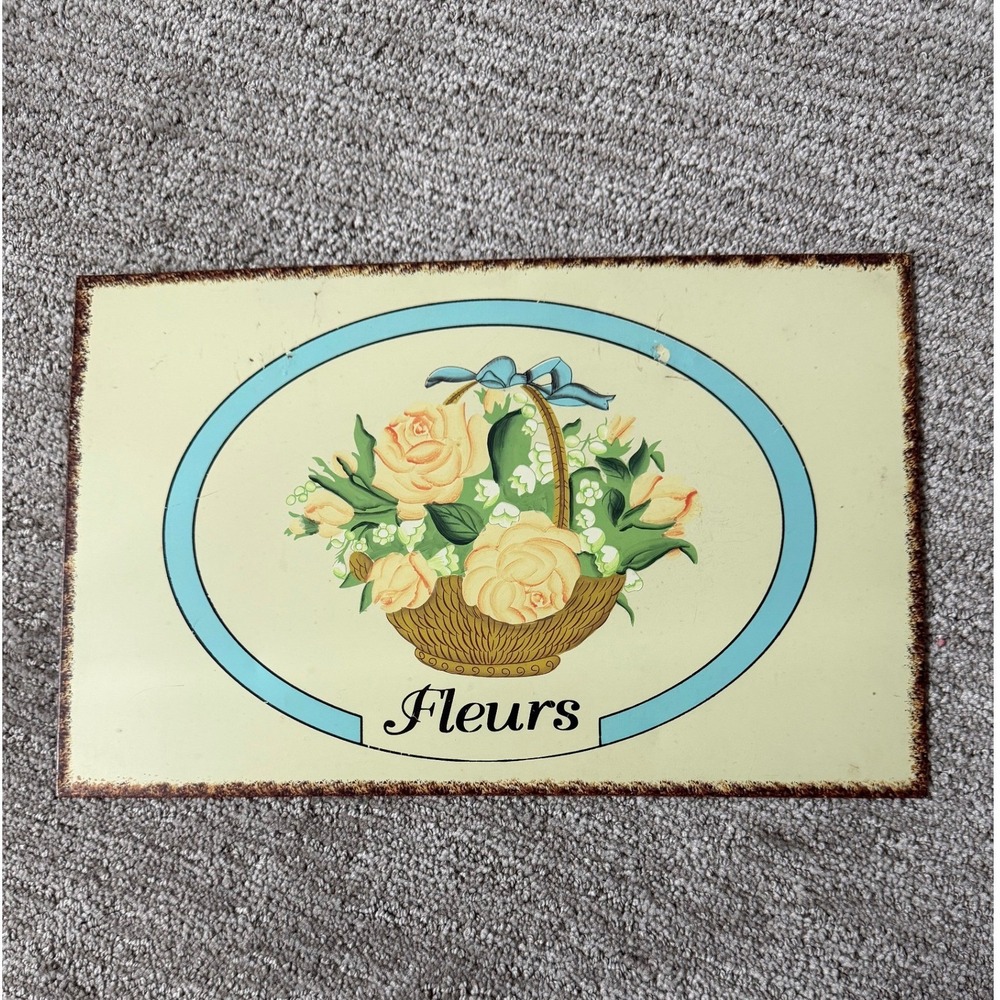 Vintage Fleurs Floral Basket Metal Sign Rustic Farmhouse Wall Decor Rose Basket